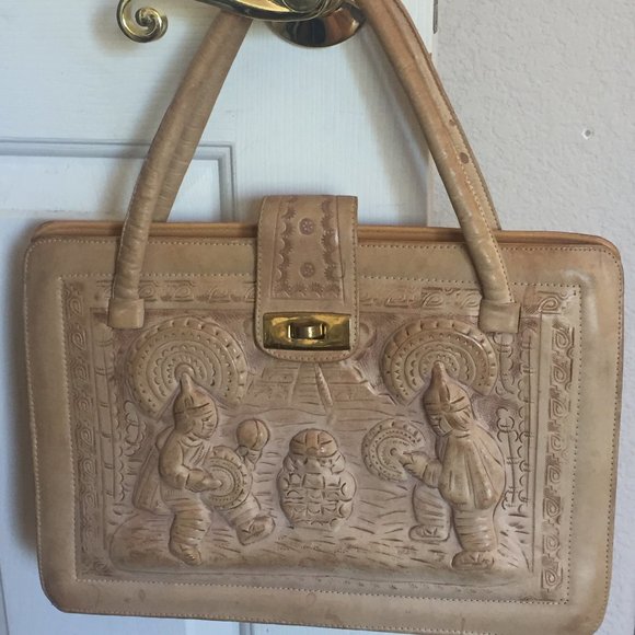 Ideal Handtooled Leather Handbags - Ideal brand, tooled tan leather handbag
